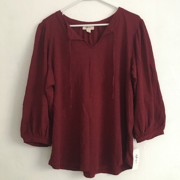 Style & Co. Split Neck Blouse Top Burgundy Plus Size Balloon Sleeve 3/4 - Picture 10 of 10